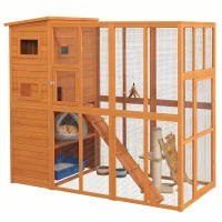 PawHut 68.75" H Cat Cage Large Wooden Outdoor Cat House with Large Run for Play, Catio for Lounging, and Condo Area for Sleeping, Natural(m-2)