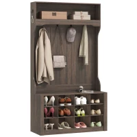 HOMCOM 4-In-1 Hall Tree with Bench and Shoe Storage, Farmhouse Coat Rack Shoe Bench with 12 Shoe Cubbies, 6 Hooks, Dark Brown(m-9)