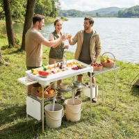 Outsunny Fish Cleaning Table Folding Sink Portable Camping Sink with Side Shelf & Bottom Rack for Outdoor White(m-1)