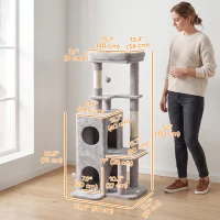 PawHut 52" Cat Tree, Multi-Level Large Cat Tower House with 2-Tier Condo, Bed, Sisal Scratching Posts, Light Grey(m-3)