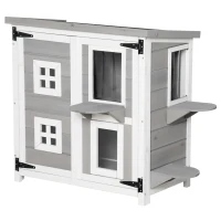 PawHut 2-Tier Cat House, Outdoor Feral Cat Shelter, with Weather Resistant Roof, Escape Door, PVC Curtain, Glass Window, Grey(m-11)