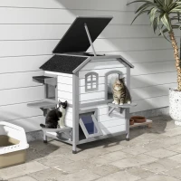 PawHut Wooden 2-Story Outdoor Cat House, Feral Cat Shelter Kitten Condo with Openable Asphalt Roof and 4 Platforms, White(m-3)