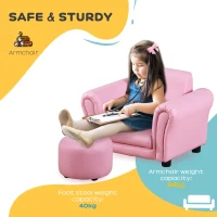 Qaba Kids Sofa Set with Footstool, Upholstered Armchair for Kids 18M+, Baby Sofa for Playroom, Children's Bedroom, Nursery Room, Pink(m-5)