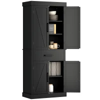 HOMCOM 72" Kitchen Storage Cabinet, Farmhouse Kitchen Pantry Cabinet with 4 Barn Doors, Drawer, Adjustable Shelves, Black(m-12)