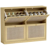 HOMCOM Narrow Shoe Storage Cabinet, Rattan Shoe Cabinet with 4 Flip Drawers and Adjustable Shelves for 20 Pairs, Oak(m-9)