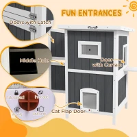 PawHut Outside Cat House Wooden Feral Cat House w/ Weatherproof Roof, Removable Floor, Escape Doors, for 1-2 Cats, Gray(m-5)