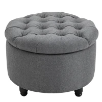HOMCOM Round Linen-touch Fabric Storage Footstool Ottoman Button Tufted Footrest with Removable Lid, Grey(m-11)