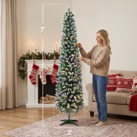 HOMCOM 7ft Pencil Prelit Christmas Tree, Dual Color LEDs, Flocked, Remote, Slim Xmas Tree with 11 Modes, Green White(m-3)