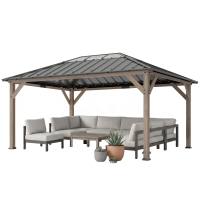 Outsunny 12' x 16' Hardtop Gazebo with Galvanized Steel Roof, UPF50+ Wood Permanent Pavilion with Clear Roof Top, Light Walnut