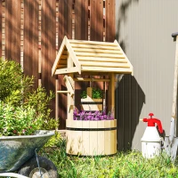 Outsunny Wood Wishing Well Outdoor Wooden Planter with Hanging Bucket and Drainage Hole for Garden, Patio, Backyard, Natural(m-8)