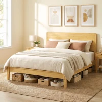 HOMCOM Queen Size Bamboo Platform Bed Frame with Headboard and 12 Poplar Slats, No Box Spring Needed, Easy Assembly, Natural(m-8)