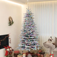 HOMCOM 6.5ft Snow Flocked Artificial Christmas Tree, Pre-Lit Christmas Tree with 400 LED Lights and 990 Branch Tips, Green(m-2)