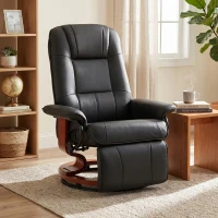 HOMCOM Swivel Recliner Chair, PU Leather Reclining Armchair with Retractable Footrest, Lounge Chair with Wood Base and Adjustable High Back for Small Spaces, Living Room, RV, Bedroom,  Black(m-2)