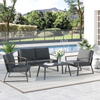 Outsunny 4 Piece Patio Furniture Set, Aluminum Conversation Set, Outdoor Garden Sofa Set with Armchairs, Loveseat, Center Coffee Table and Cushions, Dark Grey(m-2)