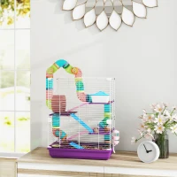 PawHut 5 Tiers Hamster Cage Portable with Exercise Wheels Play Tube Water Bottle Dishes House Ladder for Gerbils, Purple(m-8)