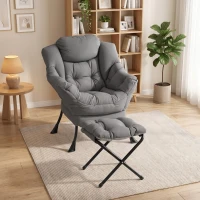 HOMCOM Lazy Chair with Ottoman, Peach Skin Fabric Reading Chair with Foldable Footstool, Plush Cushion, Tufted, Dark Grey(m-1)