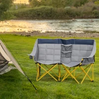 Outsunny 62" W Double Seat Camping Chair Folding Lawn Loveseat w/ Storage Pocket & Cup Holder Compact in a Bag for Outdoor, Beach, Picnic, Hiking, Travel, Navy Blue(m-1)