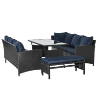 Outsunny 4 Pieces Patio Wicker Dining Sets, Outdoor PE Rattan Sectional Conversation Set with Cushions & Dining Table, Bench for Garden, Backyard, Lawn, Navy Blue(m-18)