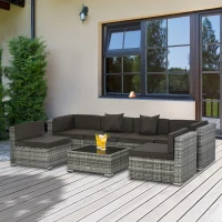 Outsunny 7 Piece Patio Furniture Set, Wicker Outdoor Sectional Sofa Set, All Weather PE Rattan Outdoor Furniture Conversation Sets with Cushions, Glass Top Coffee Table, Pillows, Charcoal(m-10)