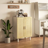 HOMCOM Boho Kitchen Cabinet, Buffet Cabinet with 2 Rattan Doors and Adjustable Shelves for Dining Room, White and Natural(m-8)