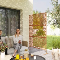 Outsunny Decorative Outdoor Privacy Panel with Stand, Freestanding Metal Outdoor Divider for Garden, Backyard, Deck, Brown(m-1)