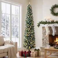 HOMCOM 7ft Pencil Prelit Christmas Tree, Dual Color LEDs, Flocked, Remote, Slim Xmas Tree with 11 Modes, Green White(m-10)
