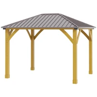 Outsunny 10' x 12' Hardtop Gazebo with Galvanized Steel Roof, Wooden Frame, Permanent Pavilion Outdoor Gazebo Canopy, for Patio, Garden, Backyard, Deck, Lawn, Brown(m-11)