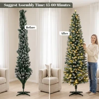 HOMCOM 8ft Pencil Prelit Christmas Tree, Dual Color LEDs, Flocked, Remote, Slim Xmas Tree with 11 Modes, Green White(m-7)