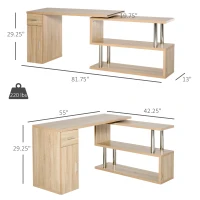 HOMCOM Rotating Computer Desk, 55" L-Shaped Desk, Corner Desk with Storage Shelves, Cabinet and Drawer for Home Office, Natural(m-3)
