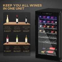 HOMCOM 33 Bottle Wine Cooler, Mini Beverage Fridge, Freestanding Wine Cellar with Digital Temperature Control, 6 Removable Shelves, Glass Door, Alarm Function and LED Lighting, Black(m-21)