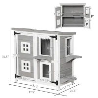 PawHut 2-Tier Cat House, Outdoor Feral Cat Shelter, with Weather Resistant Roof, Escape Door, PVC Curtain, Glass Window, Grey(m-3)