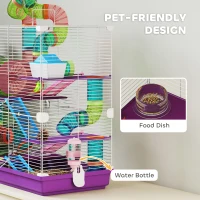 PawHut 5 Tiers Hamster Cage Portable with Exercise Wheels Play Tube Water Bottle Dishes House Ladder for Gerbils, Purple(m-5)