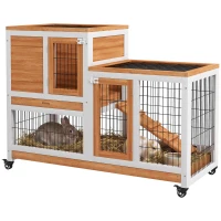 PawHut Wooden Rabbit Hutch, Indoor Bunny Cage with Wheels, Pull Out Trays, Run, Yellow(m-13)