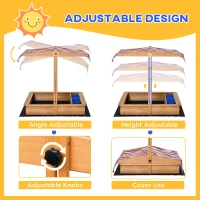 Outsunny Kids Wooden Sandbox with Adjustable Height Cover and Toy Bin Storage, Children Sand Play Station Outdoor, Bottom Liner(m-4)