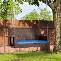 Outsunny 2 Person Wicker Hanging Swing Bench, Front Porch Swing Outdoor Chair with Cushions 550 lbs. Weight Capacity for Backyard, Garden, Blue(m-2)