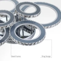 HOMCOM Elegant LED Chandelier with 6 Rings, Ceiling Light with Cool White Lighting for Living Room, Dining Room, or Bedroom, Silver(m-6)