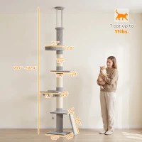 PawHut 90.6" -102.4" Floor-to-Ceiling Cat Tree Adjustable Height with 3-Rod Support, 5-Level Cat Tower, Light Gray(m-3)