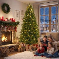 HOMCOM 7.5ft Prelit Christmas Tree with Dual-Color LEDs, All Realistic Tips, Hinged Xmas Nordmann Fir with 11 Modes, Remote(m-8)