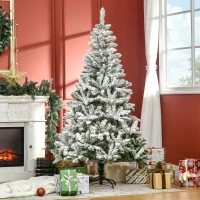 HOMCOM 6' Tall Unlit Snow Flocked Pine Artificial Christmas Tree with Realistic Branches, Green(m-2)