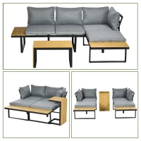 Outsunny 3 Piece Patio Furniture Set with Cushions, Aluminum Frame Outdoor Conversation Sofa Set w/ Two Loveseats and Wood Grain Plastic Top Coffee Table/Side Table, Dark Gray(m-7)