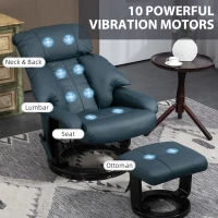 HOMCOM Swivel Recliner with Ottoman, Faux Leather Reclining Chair with Massage, Footstool Remote and Side Pocket, Blue(m-4)