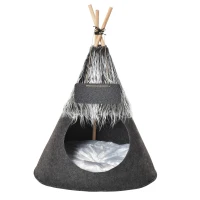 PawHut Pet Teepee Tent Cat Bed Dog House with Thick Cushion Chalkboard for Kitten and Puppy up to 13lbs 28inch Grey(m-1)