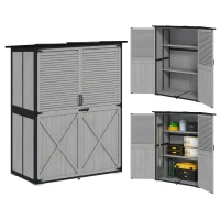 Outsunny Outdoor Storage Cabinet, Wood Garden Shed with Steel Frame, Asphalt Roof, 2 Shelves and Lockable Doors, Grey(m-9)