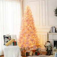 HOMCOM 7.5 FT Tall PreLit Artificial Christmas Tree with Realistic Branches, 500 Warm White LED Lights and 1346 Tips, Pink(m-2)