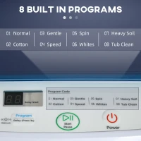 HOMCOM 2-In-1 Full Automatic Portable Washing Machine and Spin Dryer, 1.38Cu Ft Compact Laundry Washer with Wheels, Built-in Gravity Drain and 8 Programs for Apartment, Dorm, RVs, White(m-15)