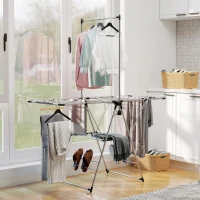 HOMCOM Clothes Drying Rack, Foldable Stainless Steel Laundry Drying Rack with Adjustable Gullwings and Shoe Holders, Silver(m-1)