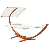 Outsunny Outdoor Hammock with Stand & Accessories, Heavy Duty Wooden Frame, Sun Shade Visor Canopy, Indoor Outside Boho Style Nap Bed, Natural Cotton, White(m-1)