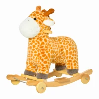 Qaba Rocking Horse, 2 in 1 Kids Ride on Horse, Rolling Giraffe Animal Rocker with Sound, Wooden Base, Pedal, Grip Handle, Plush Riding Pony for 3-6 Years Old, Yellow(m-11)