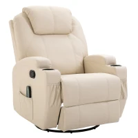 HOMCOM PU Leather Massing Recliner with 8-Point Vibration, Cup Holders, Manual Pull Handle and 360 Swivel, Beige(m-1)
