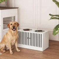 PawHut Elevated Dog Bowls with Storage Cabinet,  2 Stainless Steel Bowls, Slow Feeder, Dog Feeding Station for Large Dogs, White(m-10)